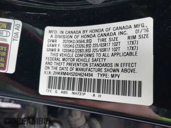2016 Honda CR-V EX with VIN 2HKRM4H52GH624494, listed as a IAAI auction lot 41795005 with 99,164 mi miles and . Bid and sale history available at DreamBid. Image 9.