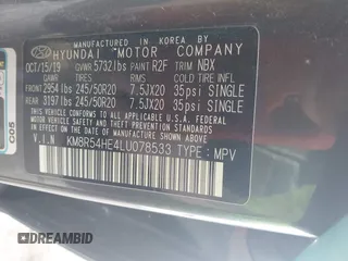 2020 Hyundai Palisade Limited with VIN KM8R54HE4LU078533, listed as a IAAI auction lot 42596029 with 135,256 mi miles and . Bid and sale history available at DreamBid. Image 9.