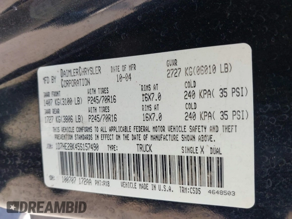 2005 Dodge Dakota ST with VIN 1D7HE28K45S157490, listed as a IAAI auction lot 41778765 with 187,575 mi miles and . Bid and sale history available at DreamBid. Image 9.