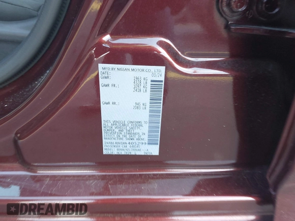 2024 Nissan Altima SV with VIN 1N4BL4DV1RN405299, listed as a IAAI auction lot 42235613 with 4,127 mi miles and . Bid and sale history available at DreamBid. Image 9.