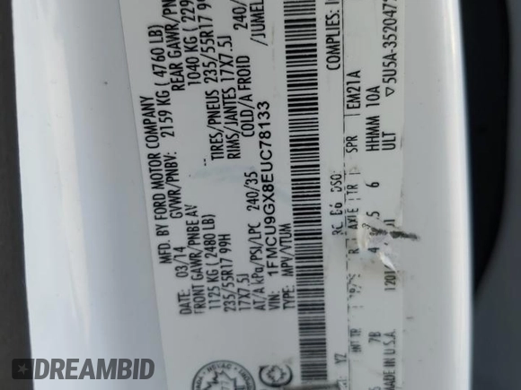2014 Ford Escape SE with VIN 1FMCU9GX8EUC78133, listed as a Copart auction lot 51551275 with 167,019 mi miles and Salvage Title. Bid and sale history available at carsss.com. Image 14.
