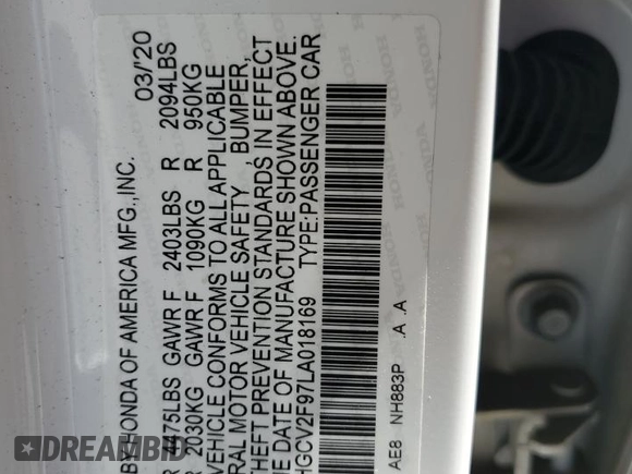 2020 Honda Accord Touring z VIN 1HGCV2F97LA018169, wystawiony jako Copart lot #55828685 z przebiegiem Nie podano mil oraz Szkoda całkowita • Salvage title. Historia ofert i sprzedaży dostępna na DreamBid. Obrazek 12.