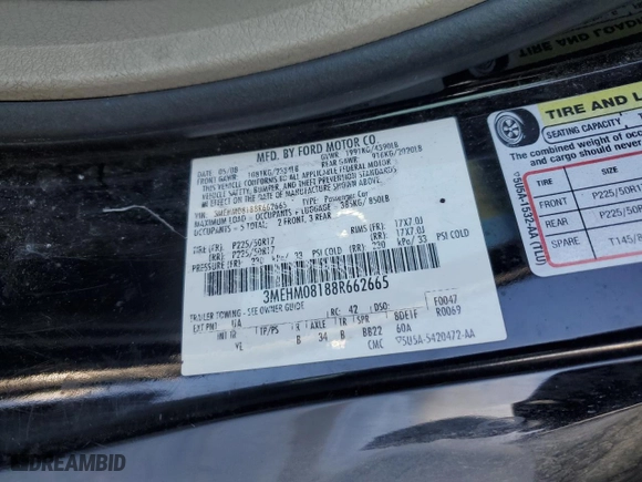 2008 Mercury Milan Premier with VIN 3MEHM08188R662665, listed as a Copart auction lot 45343885 with 248,477 mi miles and Salvage Title. Bid and sale history available at carsss.com. Image 12.