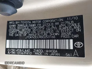 2011 Toyota Prius I with VIN JTDKN3DU9B0253166, listed as a IAAI auction lot 41893424 with 82,705 mi miles. Bid and sale history available at carsss.com. Image 9.