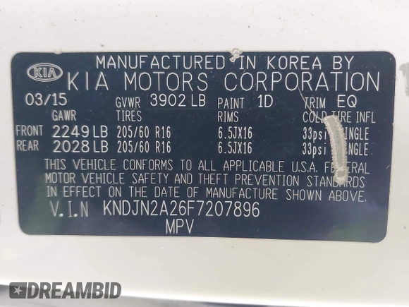 2015 Kia Soul with VIN KNDJN2A26F7207896, listed as a IAAI auction lot 41806999 with 122,235 mi miles. Bid and sale history available at carsss.com. Image 9.