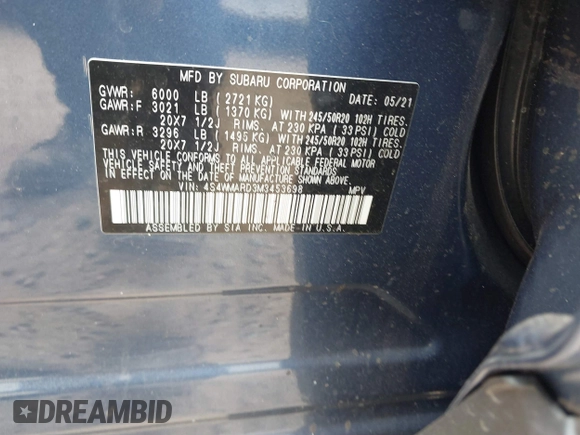 2021 Subaru Ascent Touring with VIN 4S4WMARD3M3453698, listed as a IAAI auction lot 41689786 with 32,873 mi miles. Bid and sale history available at carsss.com. Image 9.