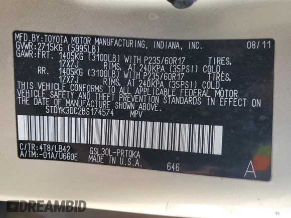 2011 Toyota Sienna XLE AAS with VIN 5TDYK3DC2BS174574, listed as a Copart auction lot 49635645 with 217,374 mi miles and Salvage Title. Bid and sale history available at carsss.com. Image 13.