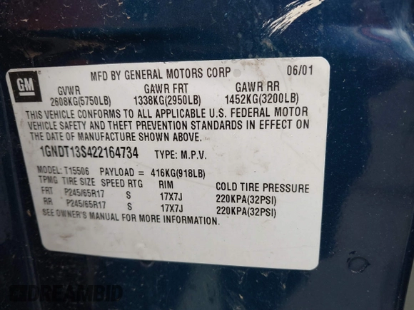 2002 Chevrolet TrailBlazer LTZ with VIN 1GNDT13S422164734, listed as a IAAI auction lot 41815241 with 227,928 mi miles and . Bid and sale history available at DreamBid. Image 9.