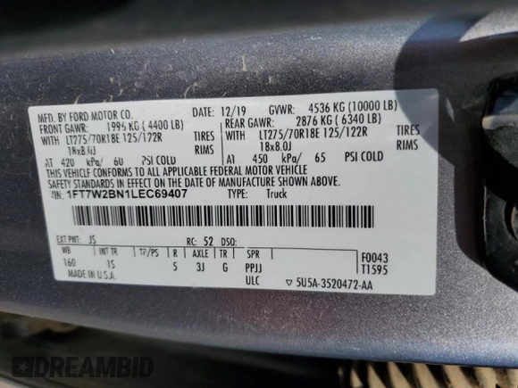 2020 Ford F-250 XL z VIN 1FT7W2BN1LEC69407, wystawiony jako Copart lot #52393575 z przebiegiem Nie podano mil oraz Szkoda całkowita • Salvage title. Historia ofert i sprzedaży dostępna na DreamBid. Obrazek 15.