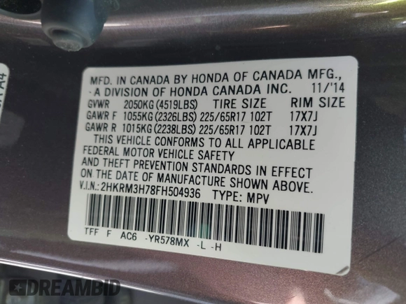 2015 Honda CR-V EX-L with VIN 2HKRM3H78FH504936, listed as a IAAI auction lot 42028296 with 131,538 mi miles and . Bid and sale history available at carsss.com. Image 9.