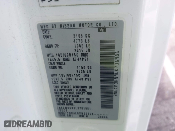 2020 Nissan NV200 SV с VIN 3N6CM0KN9LK701981, выставлен на аукционе IAAI как лот 40386960 с пробегом 64 373 миль миль и . История ставок и продаж доступна на DreamBid. Изображение 9.