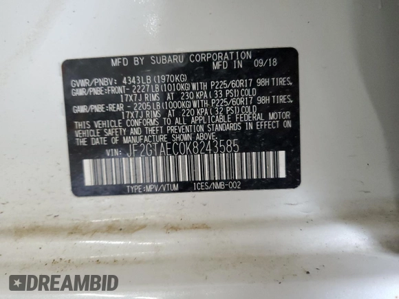 2019 Subaru Crosstrek Premium z VIN JF2GTAEC0K8243585, wystawiony jako Copart lot #60224995 z przebiegiem 44 413 mil mil oraz Szkoda całkowita • Salvage title. Historia ofert i sprzedaży dostępna na DreamBid. Obrazek 16.