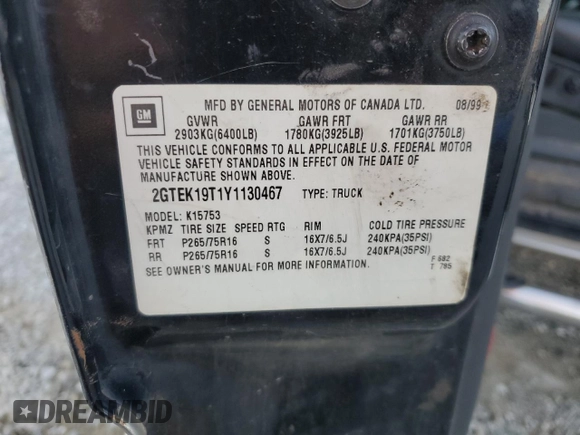 2000 GMC New Sierra 1500 SLE with VIN 2GTEK19T1Y1130467, listed as a Copart auction lot 81105534 with 253,003 mi miles and Salvage Title. Bid and sale history available at carsss.com. Image 13.