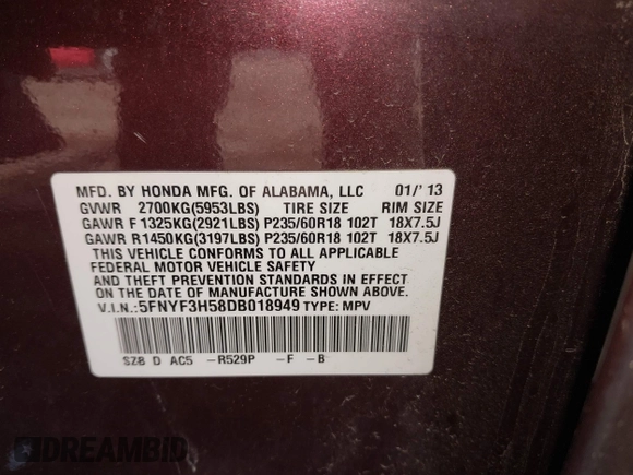 2013 Honda Pilot EX-L z VIN 5FNYF3H58DB018949, wystawiony jako IAAI lot #42244686 z przebiegiem Nie podano mil oraz . Historia ofert i sprzedaży dostępna na DreamBid. Obrazek 9.