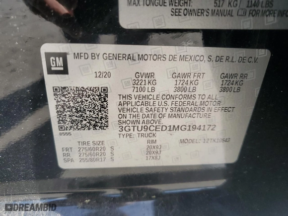 2021 GMC Sierra 1500 Elevation with VIN 3GTU9CED1MG194172, listed as a Copart auction lot 53907645 with 68,632 mi miles and Salvage Title. Bid and sale history available at carsss.com. Image 12.