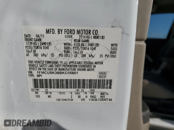 2011 Ford Escape Hybrid с VIN 1FMCU5K38BKC05851, выставлен на аукционе Copart как лот 53188835 с пробегом 214 360 миль миль и Чистый • Clean title. История ставок и продаж доступна на DreamBid. Изображение 13.