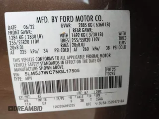 2022 Lincoln Aviator Reserve z VIN 5LM5J7WC7NGL17505, wystawiony jako IAAI lot #42127205 z przebiegiem 35 018 mil mil oraz . Historia ofert i sprzedaży dostępna na DreamBid. Obrazek 9.