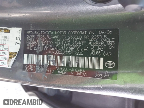 2007 Toyota Prius with VIN JTDKB20U373207220, listed as a IAAI auction lot 42652132 with 226,954 mi miles and . Bid and sale history available at DreamBid. Image 9.