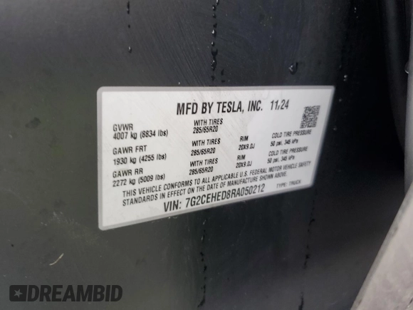 2024 Tesla Cybertruck with VIN 7G2CEHED8RA050212, listed as a Copart auction lot 47994405 with 11,949 mi miles and Salvage Title. Bid and sale history available at carsss.com. Image 14.