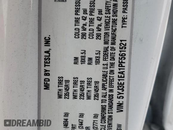 2023 Tesla Model 3 z VIN 5YJ3E1EA1PF561521, wystawiony jako Copart lot #55637855 z przebiegiem 83 008 mil mil oraz Szkoda całkowita • Salvage title. Historia ofert i sprzedaży dostępna na DreamBid. Obrazek 12.