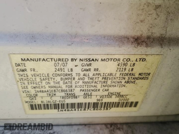 2007 Nissan Maxima 3.5 SE with VIN 1N4BA41E87C866387, listed as a Copart auction lot 78841584 with 0 mi miles and Salvage Title. Bid and sale history available at carsss.com. Image 13.