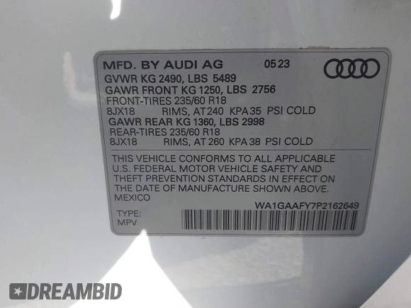 2023 Audi Q5 S line Premium with VIN WA1GAAFY7P2162649, listed as a IAAI auction lot 41540081 with 6,382 mi miles. Bid and sale history available at carsss.com. Image 9.
