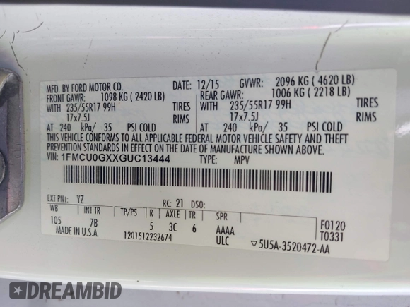 2016 Ford Escape SE z VIN 1FMCU0GXXGUC13444, wystawiony jako IAAI lot #39566364 z przebiegiem 162 059 mil mil oraz . Historia ofert i sprzedaży dostępna na DreamBid. Obrazek 9.