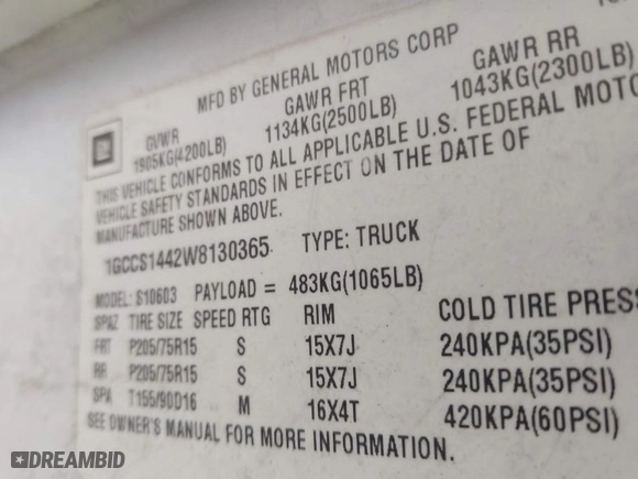 1998 Chevrolet S-10 LS with VIN 1GCCS1442W8130365, listed as a IAAI auction lot 42046877 with 229,686 mi miles. Bid and sale history available at carsss.com. Image 9.