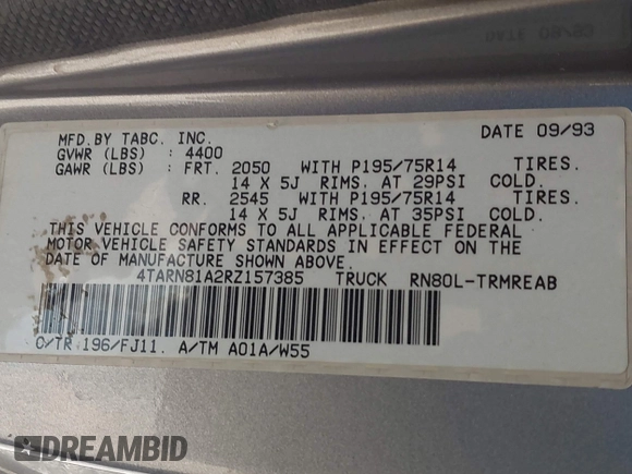 1994 Toyota Pickup with VIN 4TARN81A2RZ157385, listed as a IAAI auction lot 41999184 with 237,085 mi miles and . Bid and sale history available at DreamBid. Image 9.