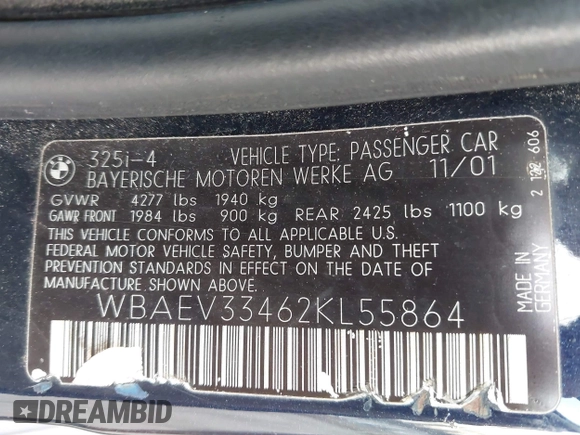 2002 BMW 3 Series 325i with VIN WBAEV33462KL55864, listed as a IAAI auction lot 41655195 with 213,127 mi miles. Bid and sale history available at carsss.com. Image 9.