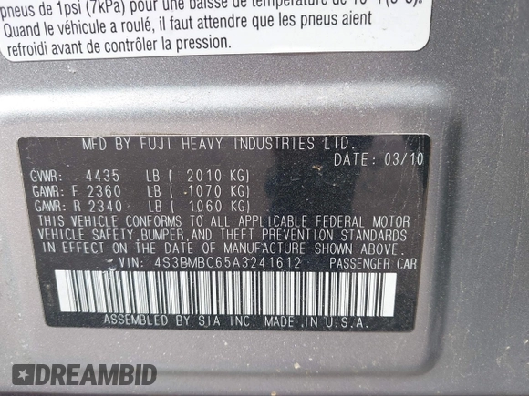 2010 Subaru Legacy Premium All-Weather Anniversary with VIN 4S3BMBC65A3241612, listed as a IAAI auction lot 41833239 with 98,619 mi miles and . Bid and sale history available at DreamBid. Image 9.