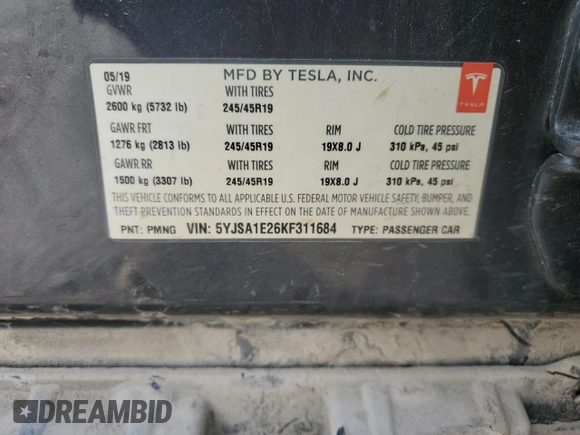 2019 Tesla Model S 75D z VIN 5YJSA1E26KF311684, wystawiony jako Copart lot #84538004 z przebiegiem 165 323 mil mil oraz Szkoda całkowita • Salvage title. Historia ofert i sprzedaży dostępna na DreamBid. Obrazek 15.