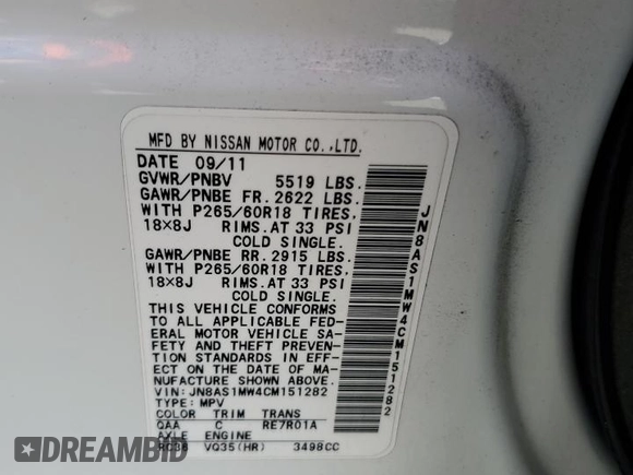 2012 Infiniti FX with VIN JN8AS1MW4CM151282, listed as a Copart auction lot 62076375 with 172,802 mi miles and Salvage title. Bid and sale history available at DreamBid. Image 12.