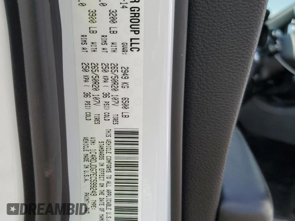 2014 Dodge Durango Limited with VIN 1C4RDJDG7EC599249, listed as a Copart auction lot 65560865 with 93,049 mi miles and Salvage title. Bid and sale history available at DreamBid. Image 13.