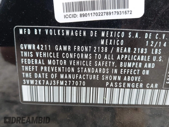 2015 Volkswagen Jetta S with VIN 3VW2K7AJ3FM277070, listed as a IAAI auction lot 42384814 with 122,107 mi miles and . Bid and sale history available at DreamBid. Image 9.
