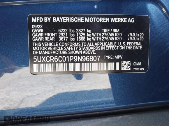 2023 BMW X5 xDrive40i with VIN 5UXCR6C01P9N96807, listed as a IAAI auction lot 42544191 with Not provided miles and . Bid and sale history available at DreamBid. Image 9.