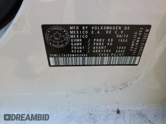 2013 Volkswagen Jetta TDI w/Premium/Nav with VIN 3VWLL7AJ0DM452664, listed as a Copart auction lot 48154995 with 141,225 mi miles and Clean title. Bid and sale history available at DreamBid. Image 12.