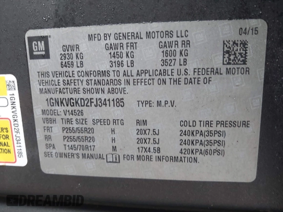 2015 Chevrolet Traverse LT with VIN 1GNKVGKD2FJ341185, listed as a IAAI auction lot 41862553 with 101,271 mi miles and . Bid and sale history available at DreamBid. Image 9.