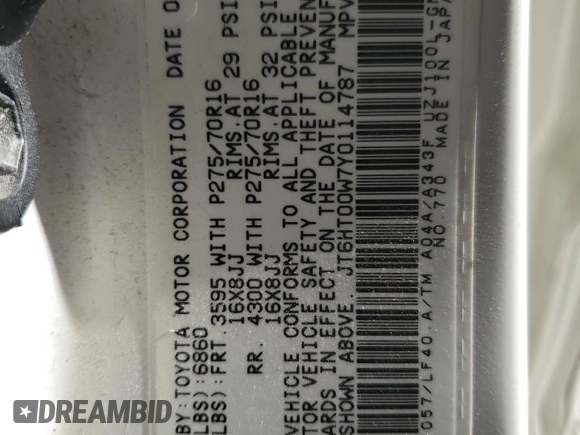 2000 Lexus LX 470 z VIN JT6HT00W7Y0114787, wystawiony jako Copart lot #84433924 z przebiegiem Nie podano mil oraz Szkoda całkowita • Salvage title. Historia ofert i sprzedaży dostępna na DreamBid. Obrazek 14.