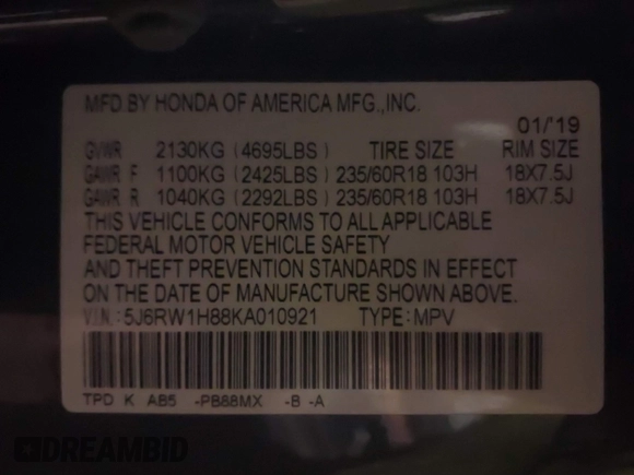 2019 Honda CR-V EX-L with VIN 5J6RW1H88KA010921, listed as a IAAI auction lot 41564122 with 56,416 mi miles. Bid and sale history available at carsss.com. Image 9.