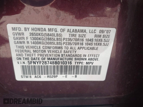 2008 Honda Pilot EX-L with VIN 5FNYF28748B010316, listed as a IAAI auction lot 42093577 with 160,714 mi miles and . Bid and sale history available at carsss.com. Image 9.