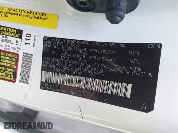 2019 Toyota Sienna LE Auto Access Seat with VIN 5TDKZ3DC4KS968185, listed as a IAAI auction lot 41576704 with 66,260 mi miles and . Bid and sale history available at DreamBid. Image 9.