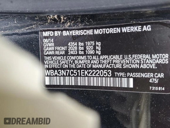 2014 BMW 4 Series 428i with VIN WBA3N7C51EK222053, listed as a Copart auction lot 84374364 with 110,888 mi miles and Salvage Title. Bid and sale history available at DreamBid. Image 14.