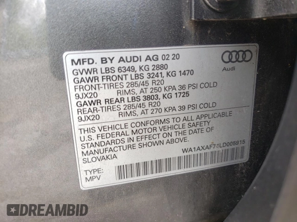 2020 Audi Q7 Premium with VIN WA1AXAF74LD005915, listed as a Copart auction lot 51339513 with 51,678 mi miles. Bid and sale history available at carsss.com. Image 14.