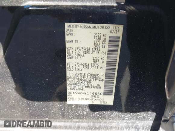 2017 Nissan Murano SL with VIN 5N1AZ2MH5HN144630, listed as a IAAI auction lot 41239088 with 87,305 mi miles and . Bid and sale history available at DreamBid. Image 9.