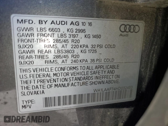 2017 Audi Q7 Premium Plus with VIN WA1LAAF74HD032453, listed as a Copart auction lot 48481215 with 97,964 mi miles and Clean Title. Bid and sale history available at carsss.com. Image 10.