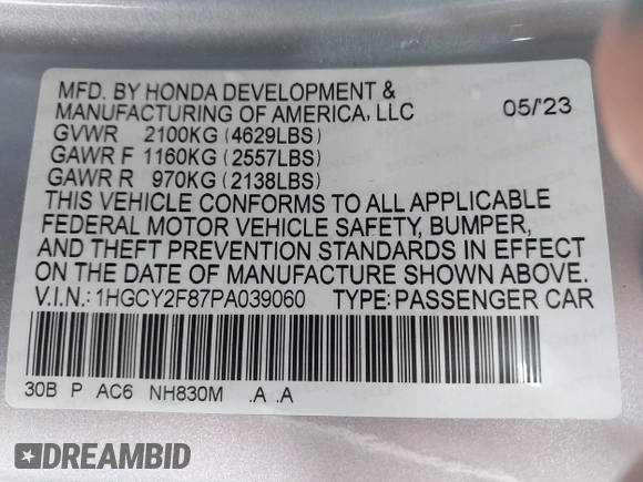 2023 Honda Accord Touring with VIN 1HGCY2F87PA039060, listed as a IAAI auction lot 42382912 with 36,007 mi miles and . Bid and sale history available at DreamBid. Image 9.