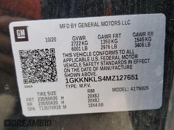 2021 GMC Acadia SLE with VIN 1GKKNKLS4MZ127651, listed as a Copart auction lot 84031444 with 78,704 mi miles and Salvage Title. Bid and sale history available at DreamBid. Image 13.