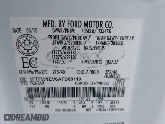 2010 Ford F-150 XL with VIN 1FTFW1EV6AFB88119, listed as a IAAI auction lot 41843191 with 208,088 mi miles. Bid and sale history available at carsss.com. Image 9.