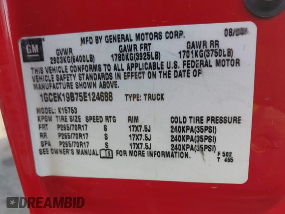 2005 Chevrolet Silverado 1500 Z71 with VIN 1GCEK19B75E124688, listed as a IAAI auction lot 41897171 with 101,547 mi miles and . Bid and sale history available at DreamBid. Image 9.